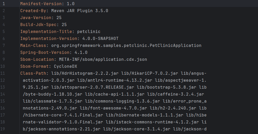 The manifest after extraction: Main-Class points directly at PetClinicApplication, and the Class-Path lists every dependency as a plain lib/ jar