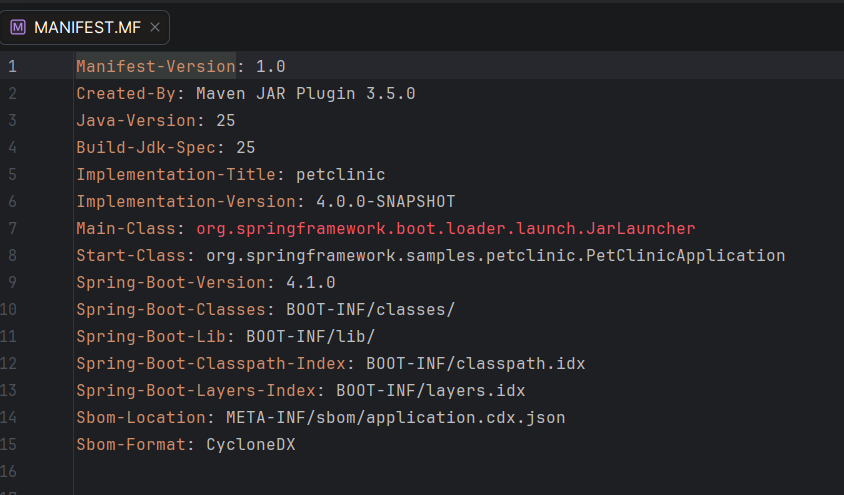 The fat jar's MANIFEST.MF: Main-Class is Spring Boot's JarLauncher, the real application is only mentioned in Start-Class